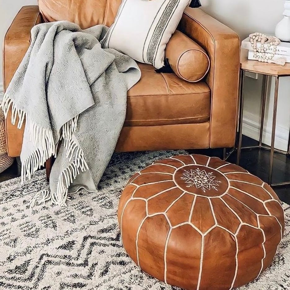 Orange Pouf | Square Handmade ottoman | Moroccan Leather Pouf | Floor Cushion | Leather pouf | Natural orders leather pouf | Bohemian Moroccan Pouf