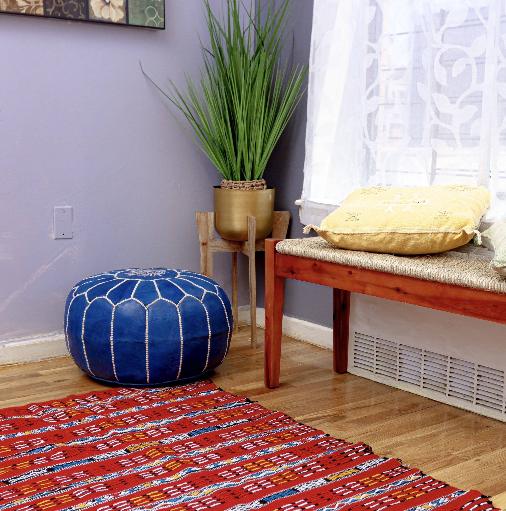 Authentic Handmade Moroccan Leather Pouf - Blue