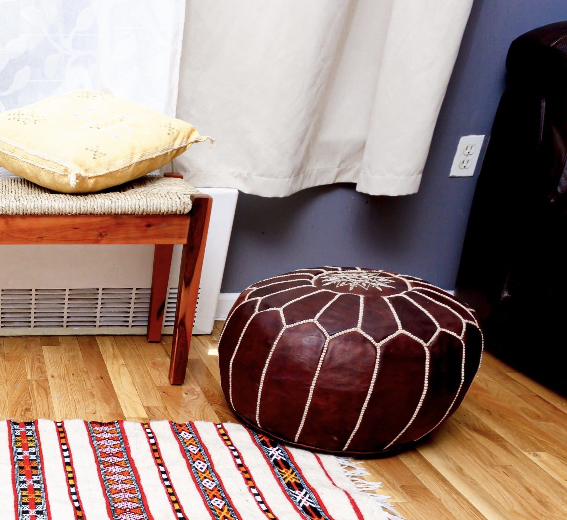 Handmade Moroccan Leather Pouf - Brown